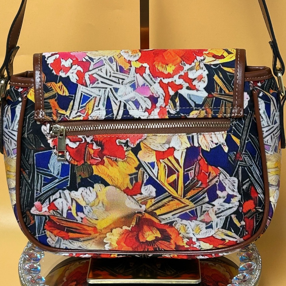 Floral Multicored Coated Canvas Crossbody Bag w/ Tan Trim Approx. 13 x 9 x 3.5 - Picture 8 of 16